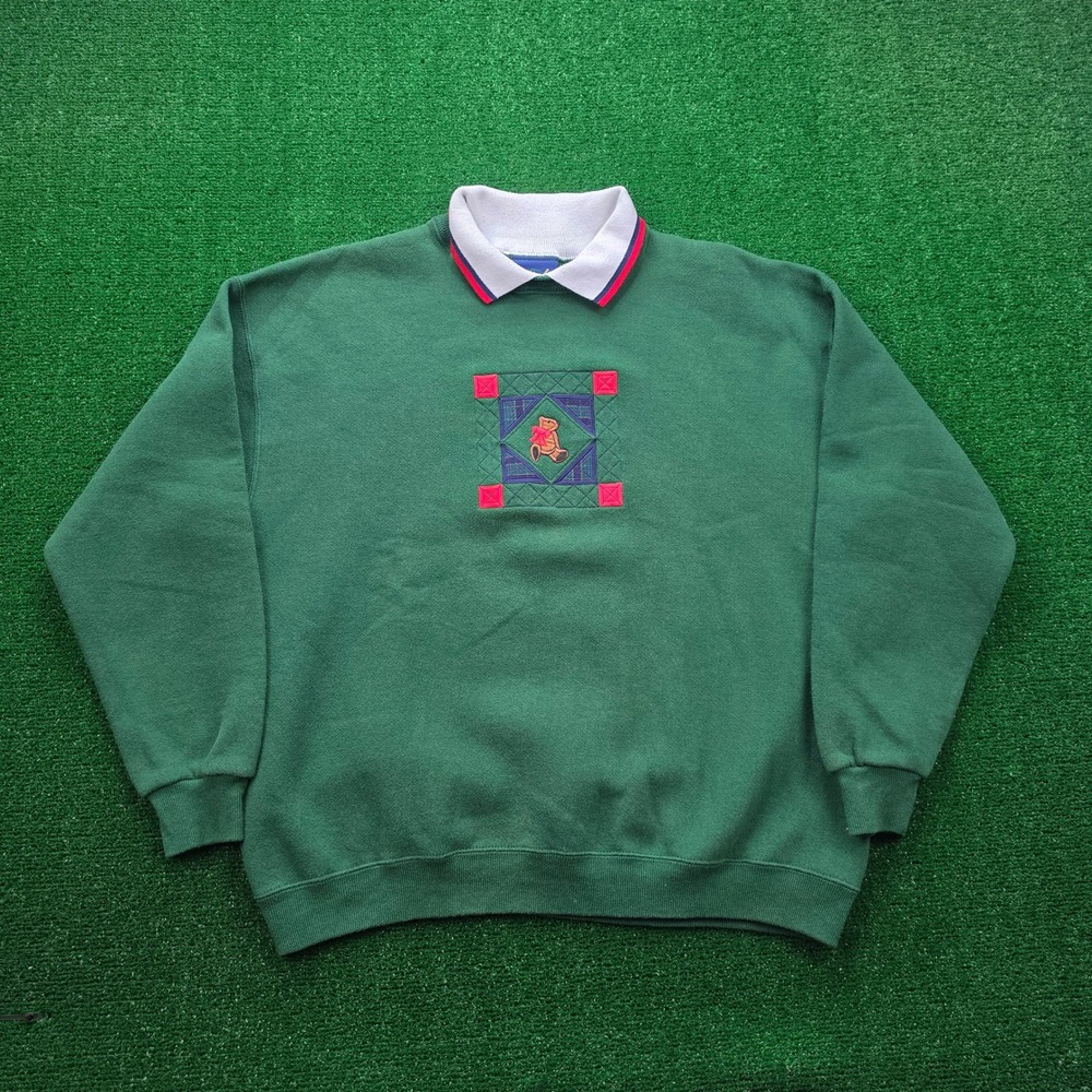 Vintage Oarsman 913 Sweatshirt Unisex XL Green Faux-Collared Teddy Bear Patch